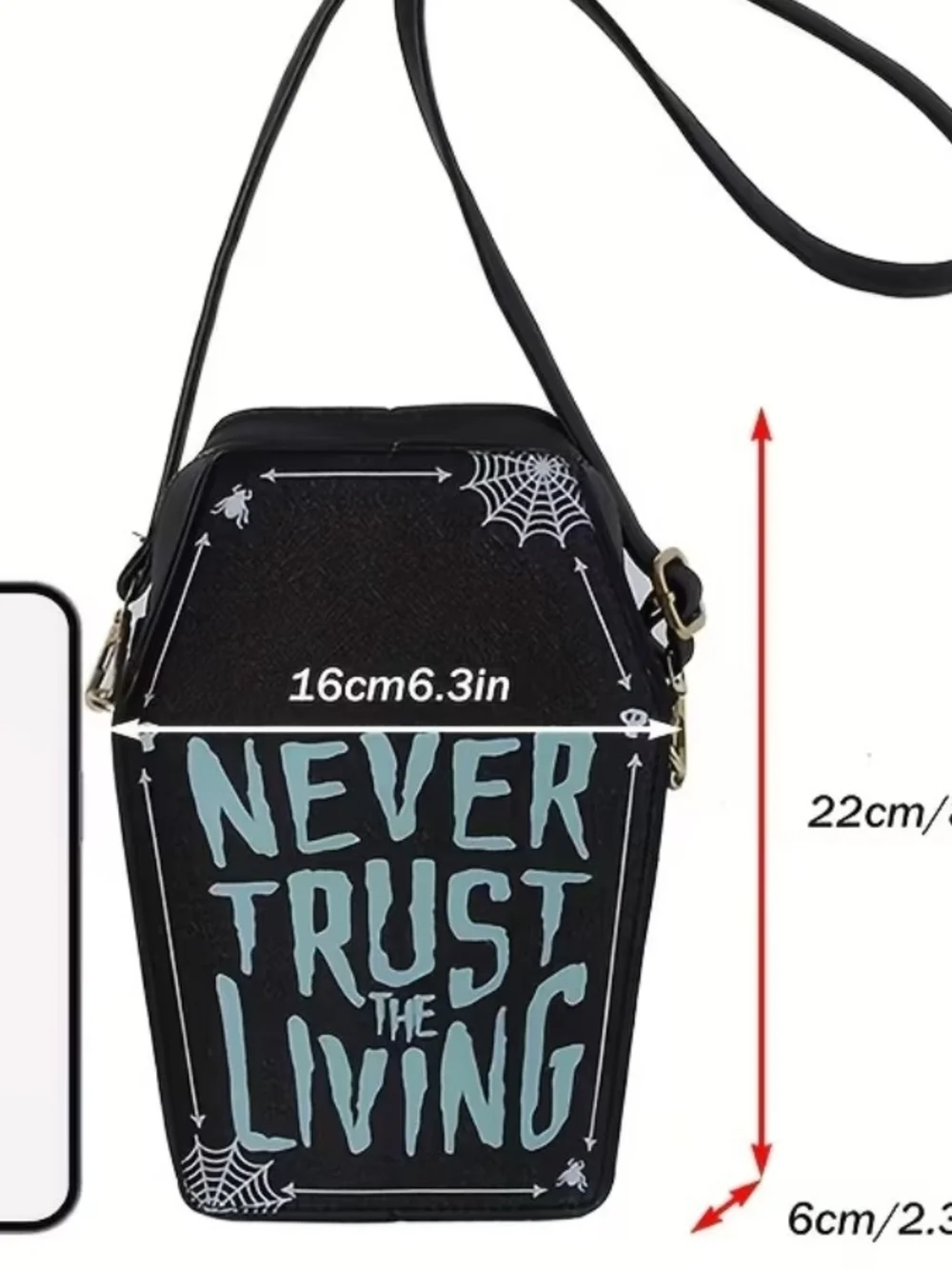 Black Crossbody Bag with 'Never Trust The Living' Graphic Goth Steam Punk 90s